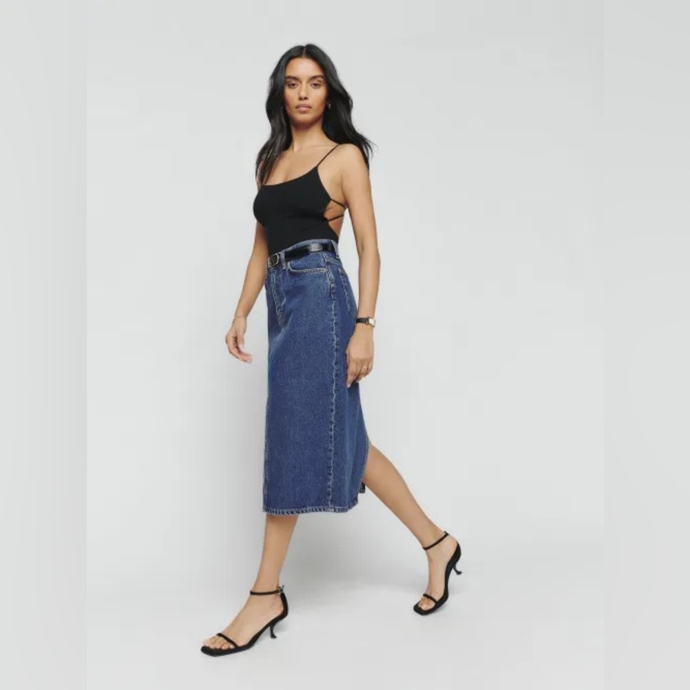 Reformation Jayde High Rise Denim Midi Skirt Size 23